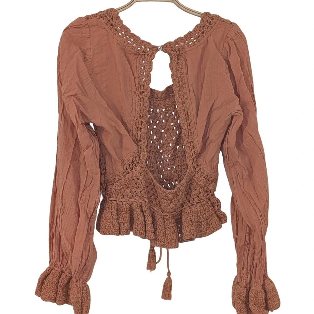 Free People Megan Crochet Open Back Peplum Top Long Sleeve Boho Small‎